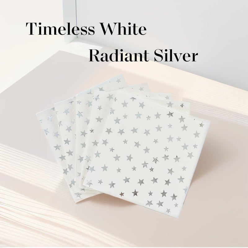 VORMOR Silver Star Cocktail Napkins 100 Counts 2-Ply 5'' White and Silver Disposable Paper NapkinsPerfect for Birthday Party Supplies Wedding Bridal Shower Baby Shower Valentine's Day+? - Image 4